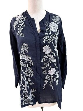 Johnny Was Workshop Osiris Voyager Tunic Top Blouse Navy Blue Embroidered Size L